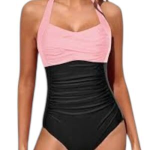 Tempt Me One Pc Ruched Halter Neck Swimsuit Sz XL Black Peach Tummy Control
